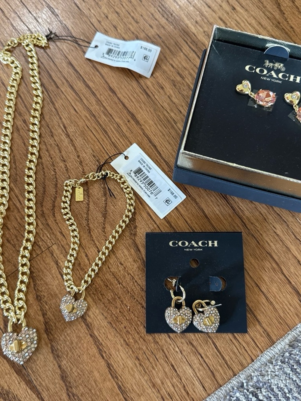 Coach Gold Tone Heart Padlock Necklace and Earrings Set